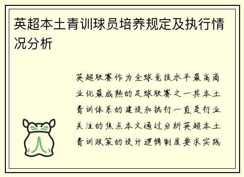 英超本土青训球员培养规定及执行情况分析
